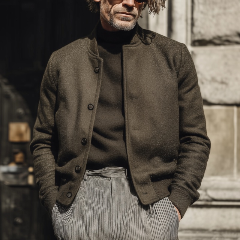 Men’s Classic Casual Stand-up Collar Faux Woolen Flight Jacket MTA2406I3K Dark Olive Green