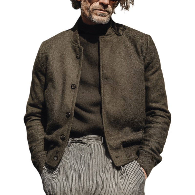 Men’s Classic Casual Stand-up Collar Faux Woolen Flight Jacket MTA2406I3K Dark Olive Green