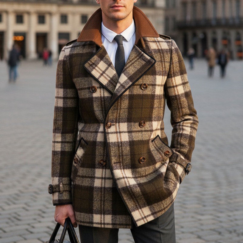 Men’s Classic Plaid Colorblock Collar Double-Breasted Short Coat MTA2591I2U Photo Color