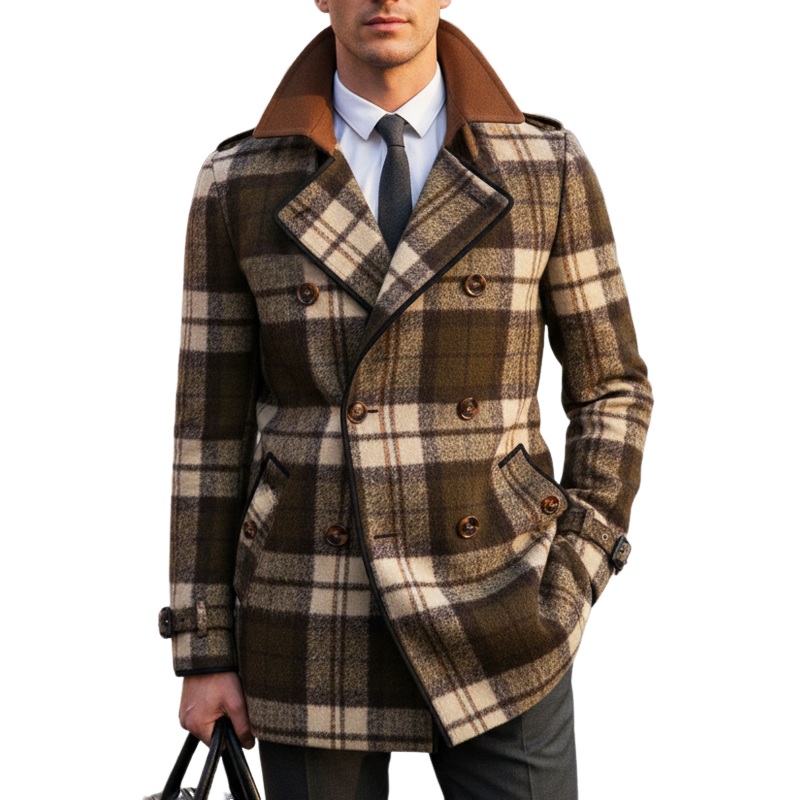Men’s Classic Plaid Colorblock Collar Double-Breasted Short Coat MTA2591I2U Photo Color