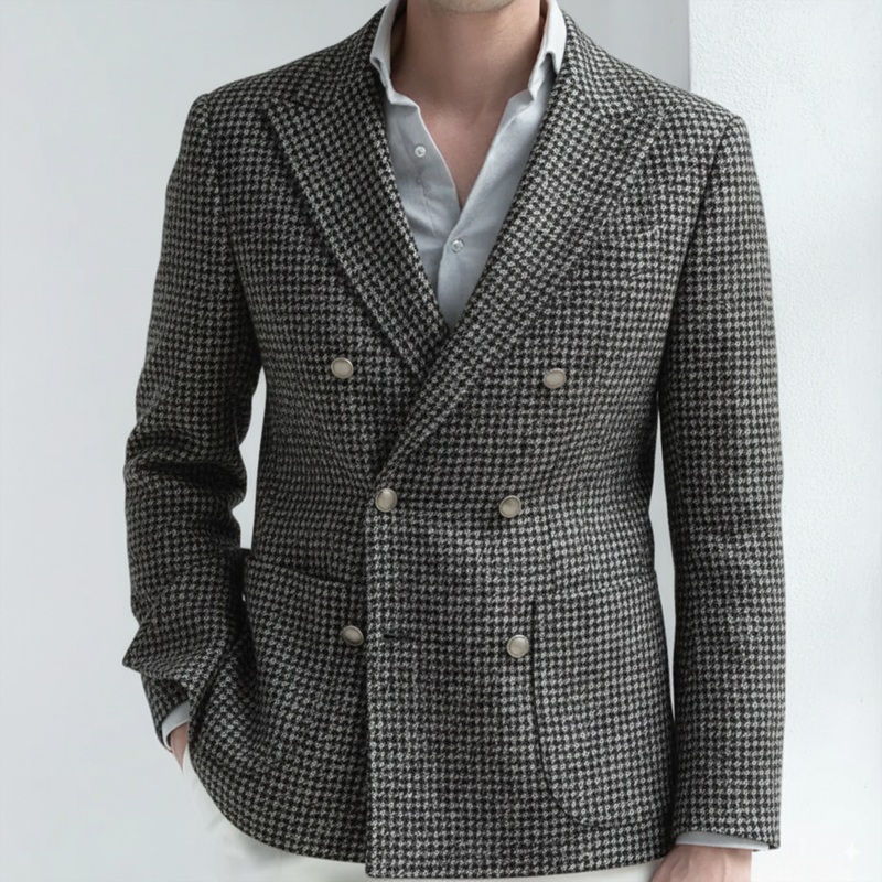 Men’s Classic Retro Light Business Faux Small Houndstooth Wool Double-breasted Blazer MTA2584I0K Gray