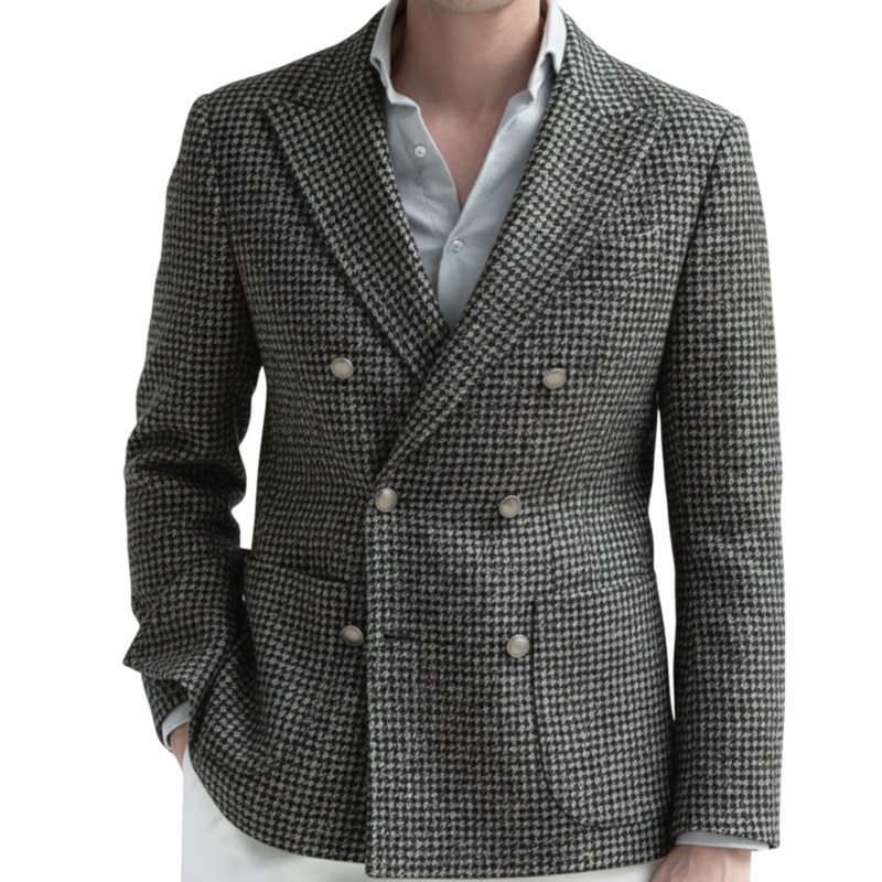 Men’s Classic Retro Light Business Faux Small Houndstooth Wool Double-breasted Blazer MTA2584I0K Gray