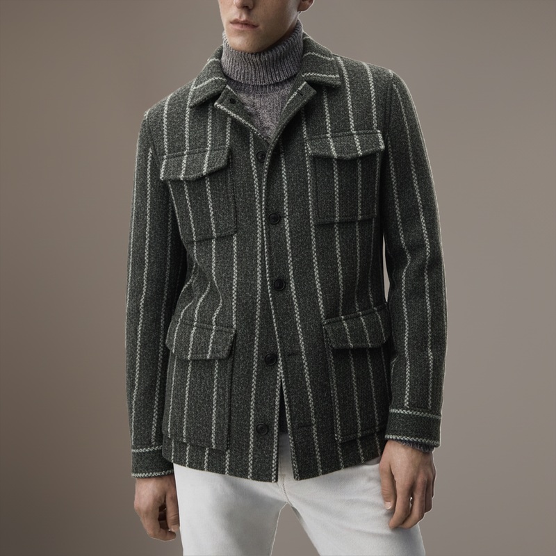 Men’s Classic Retro Vertical Striped Faux Woolen Multi-pocket Jacket MTA2491I0K Gray