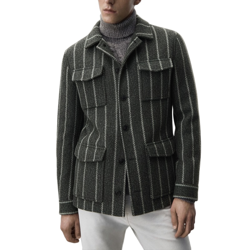 Men’s Classic Retro Vertical Striped Faux Woolen Multi-pocket Jacket MTA2491I0K Gray