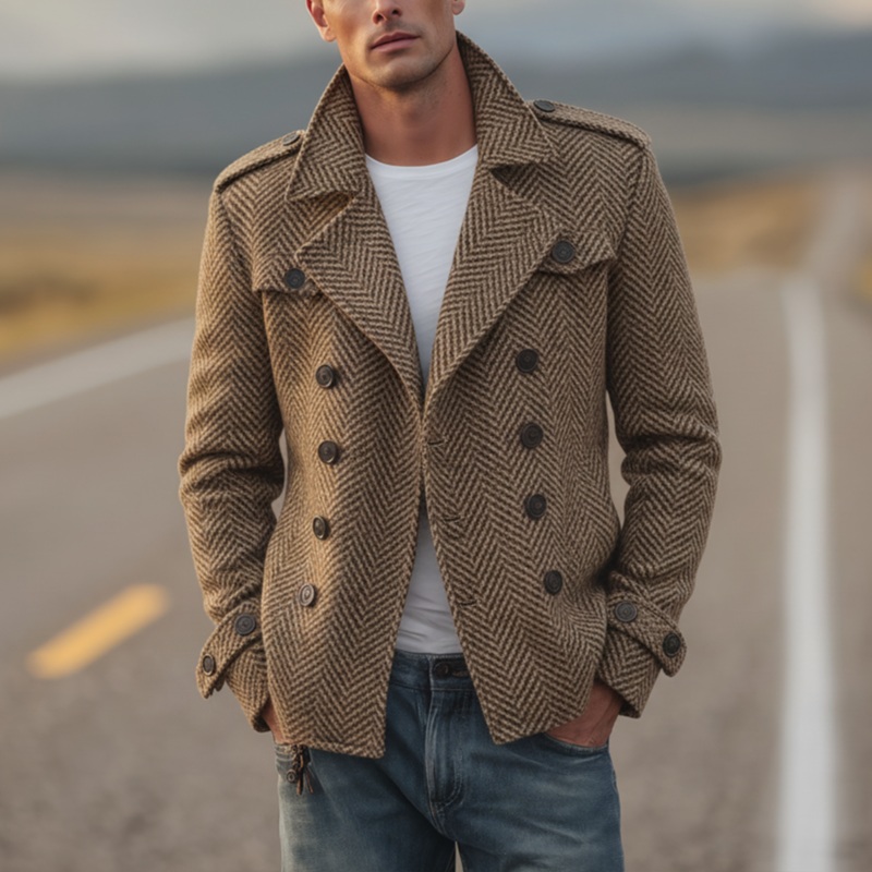 Men’s Classic Vintage Western Style Faux Herringbone Wool Double Breasted Jacket MTA2547I6K Camel