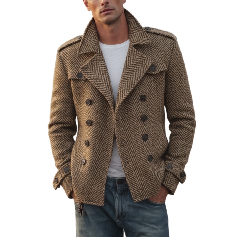 Men’s Classic Vintage Western Style Faux Herringbone Wool Double Breasted Jacket MTA2547I6K Camel