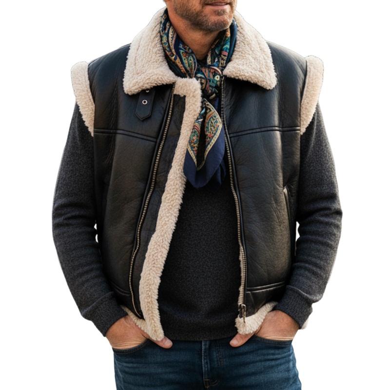 Men’s Fashion PU Leather And Faux Sheepskin Vest MTA2454I6U Black