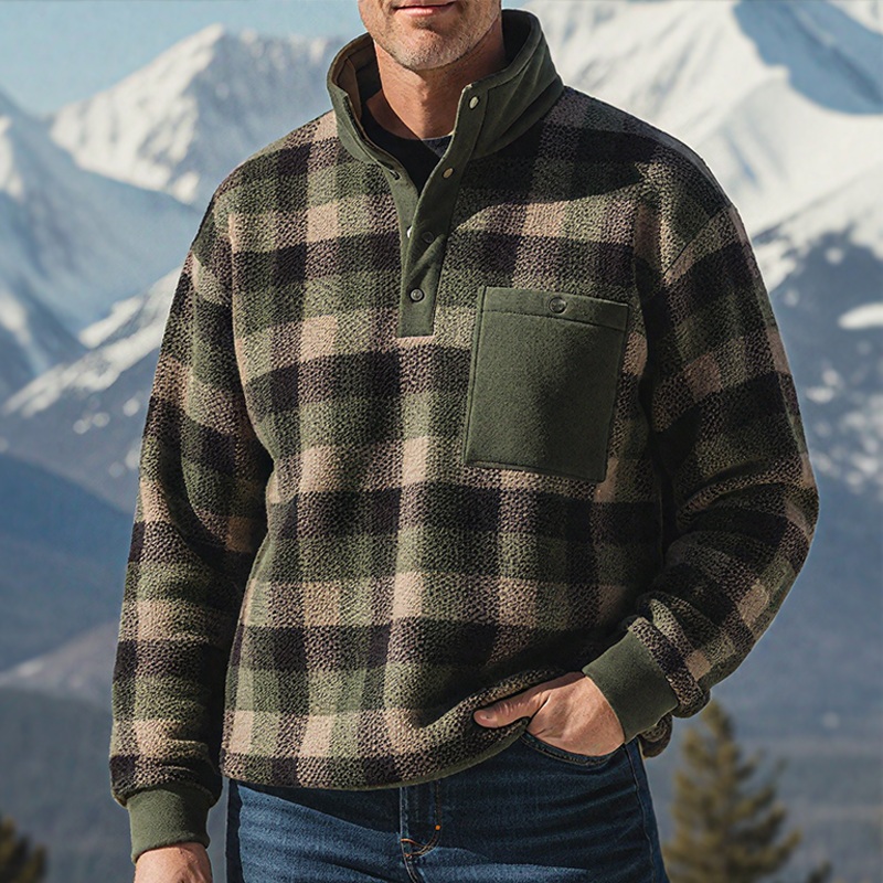 Men’s Retro Casual Warm Plaid Plush Stand Collar Sweatshirt MTA2545I2TO Green