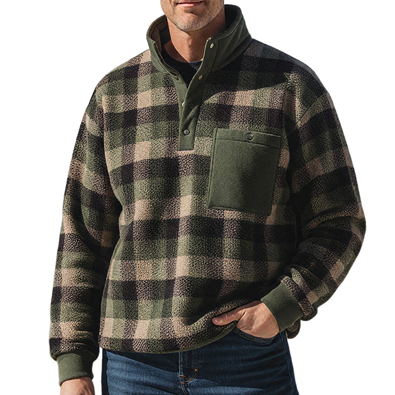 Men’s Retro Casual Warm Plaid Plush Stand Collar Sweatshirt MTA2545I2TO Green
