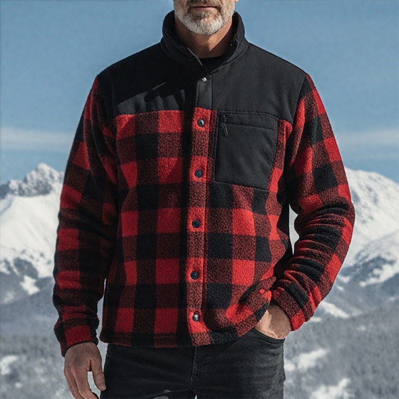 Men’s Retro Casual Warm Plaid Print Plush Stand Collar Button Jacket MTA2523I2TO Red