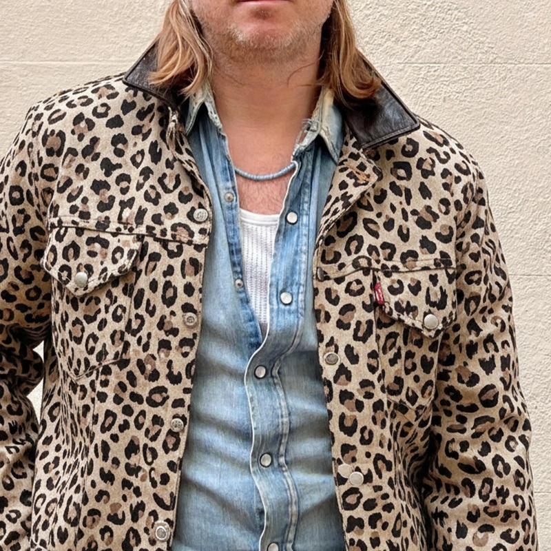 Men’s Vintage Leopard Print Faux Suede With PU Lapel Jacket MTA2659I7X Light Khaki