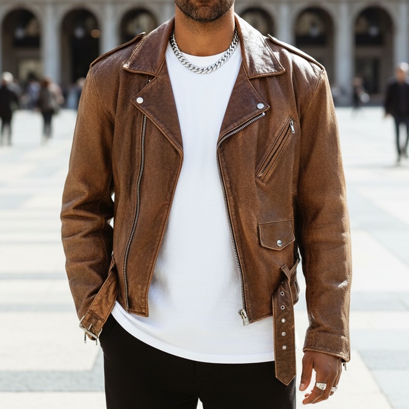 Men’s Vintage Motorcycle PU Leather Zip-up Jacket MTA2378I2U Brown
