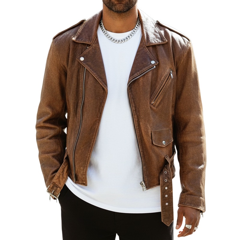 Men’s Vintage Motorcycle PU Leather Zip-up Jacket MTA2378I2U Brown