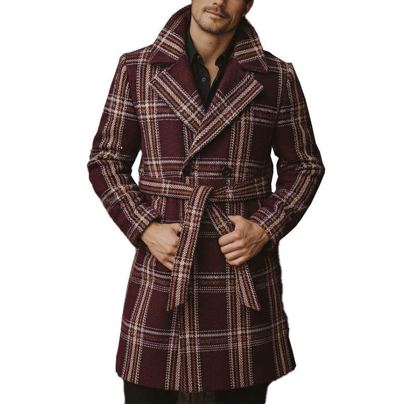 Men’s Winter Fashion Plaid Faux Wool Double-Breasted Lapel Mid-Length Coat (Including Belt) MTA2550I3P Wine Red