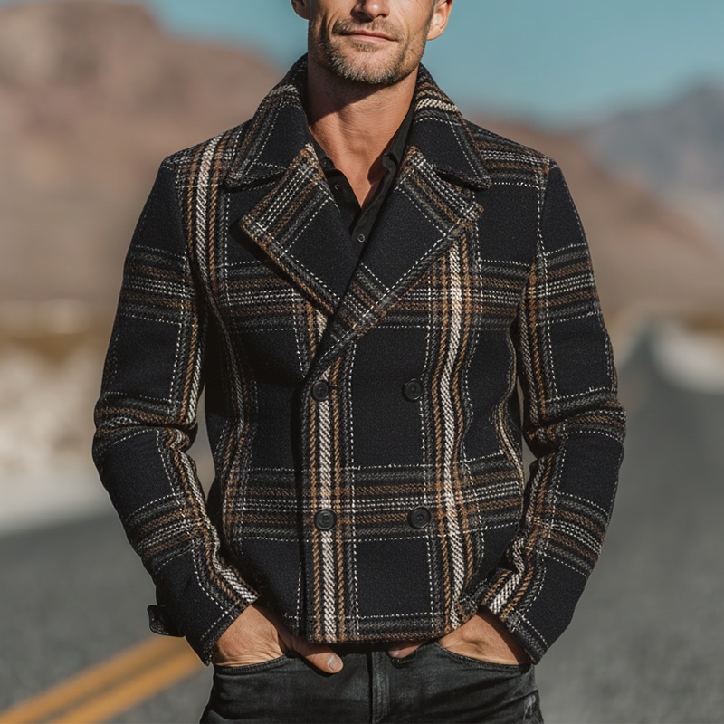 Men’s Winter Fashion Plaid Faux Wool Double-breasted Short Lapel Coat MTA2556I7P Black