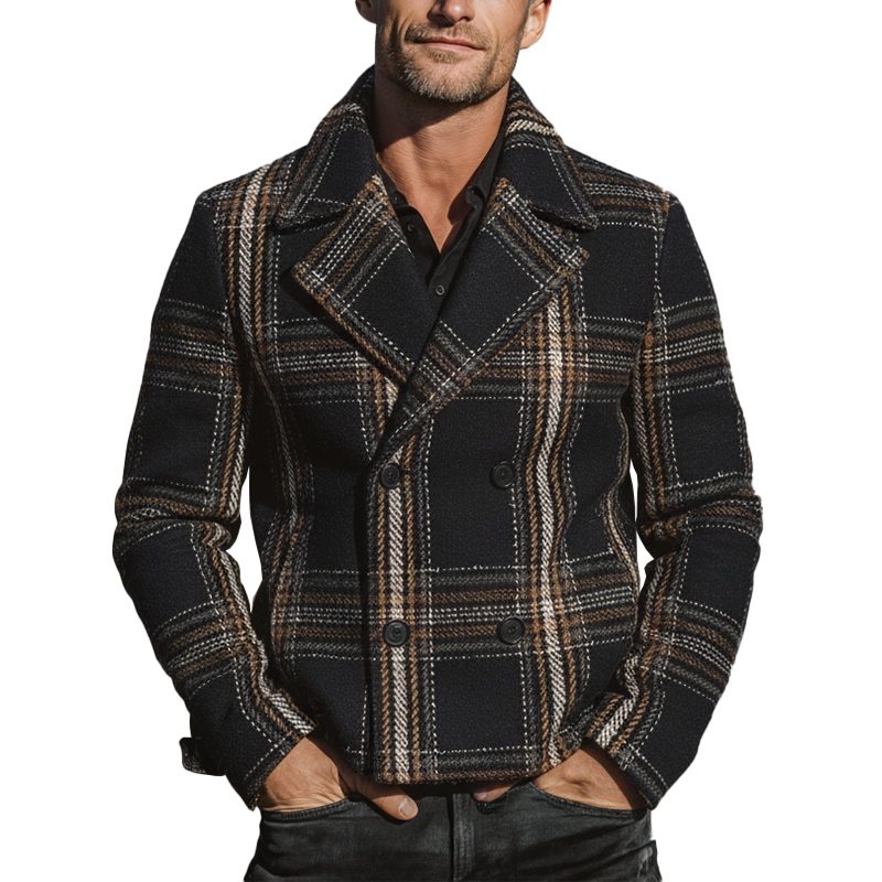 Men’s Winter Fashion Plaid Faux Wool Double-breasted Short Lapel Coat MTA2556I7P Black