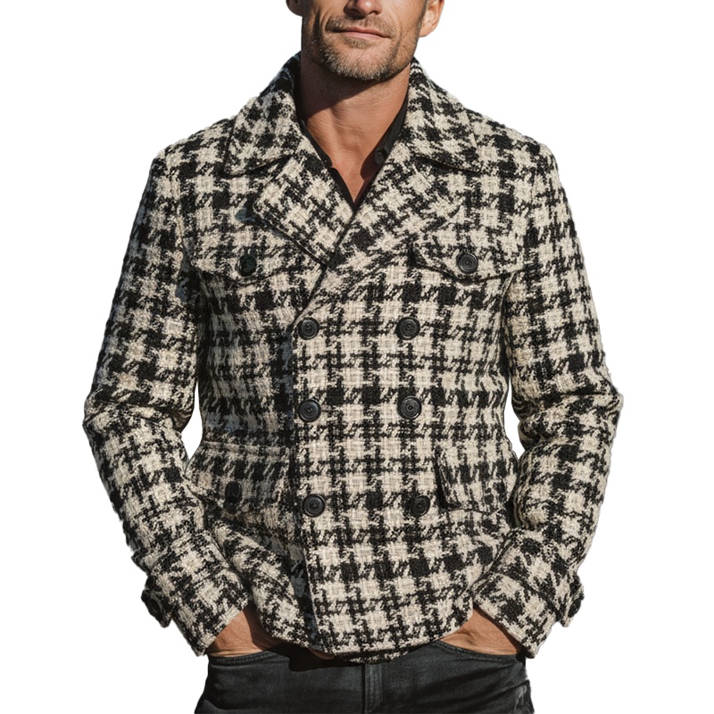 Men’s Winter Fashion Plaid Tweed Double-breasted Lapel Short Coat MTA2687I4P Beige