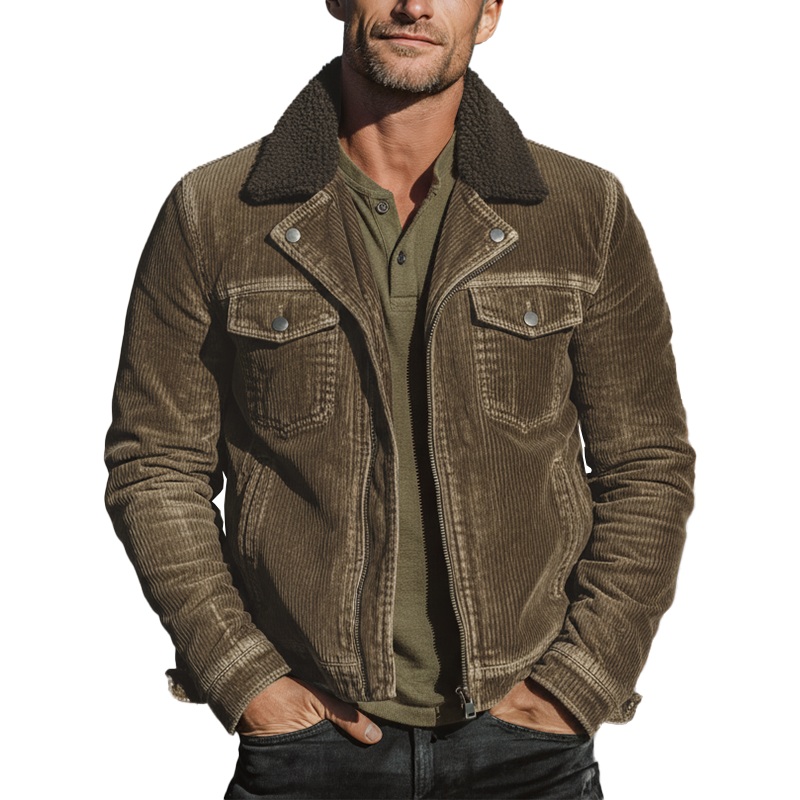 Men’s Winter Fashion Washed Corduroy Fleece Detachable Collar Jacket MTA2525I9P Coffee
