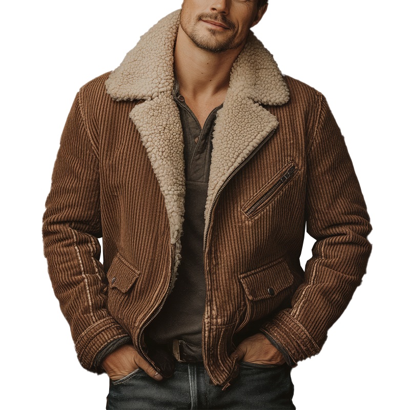Men’s Winter Fashion Washed Corduroy Polar Fleece Lined Cropped Jacket MTA2506I1P Brown