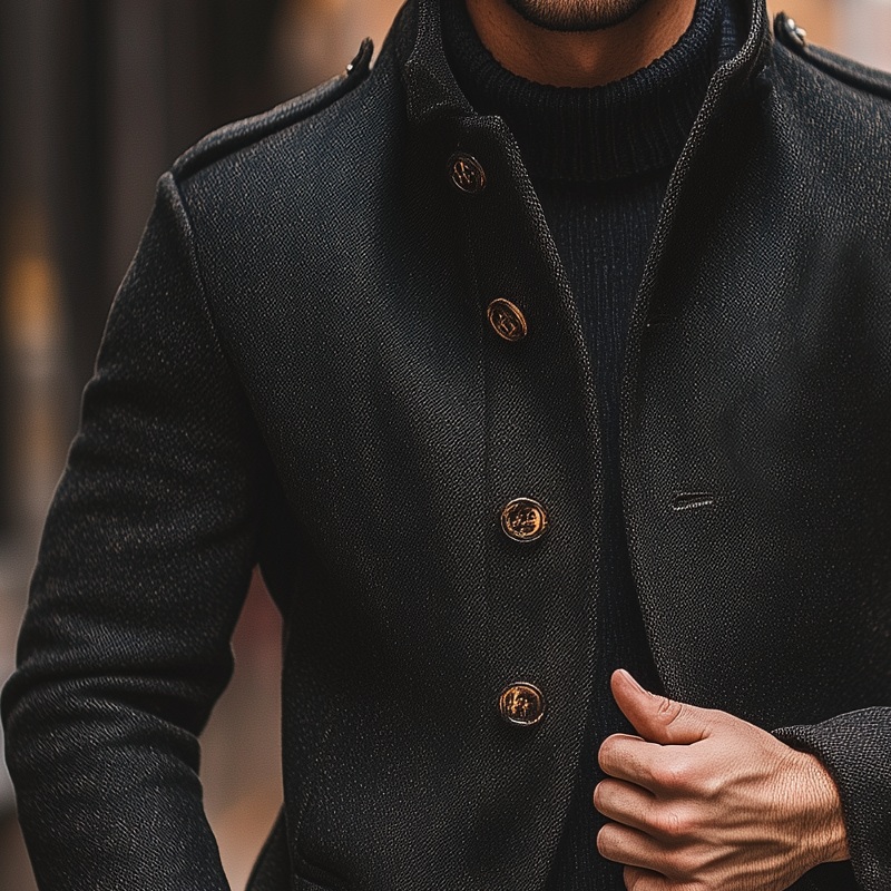 Men’s Blended Stand Collar Single-breasted Slim Fit Solid Color Jacket MTA2839I6X Black