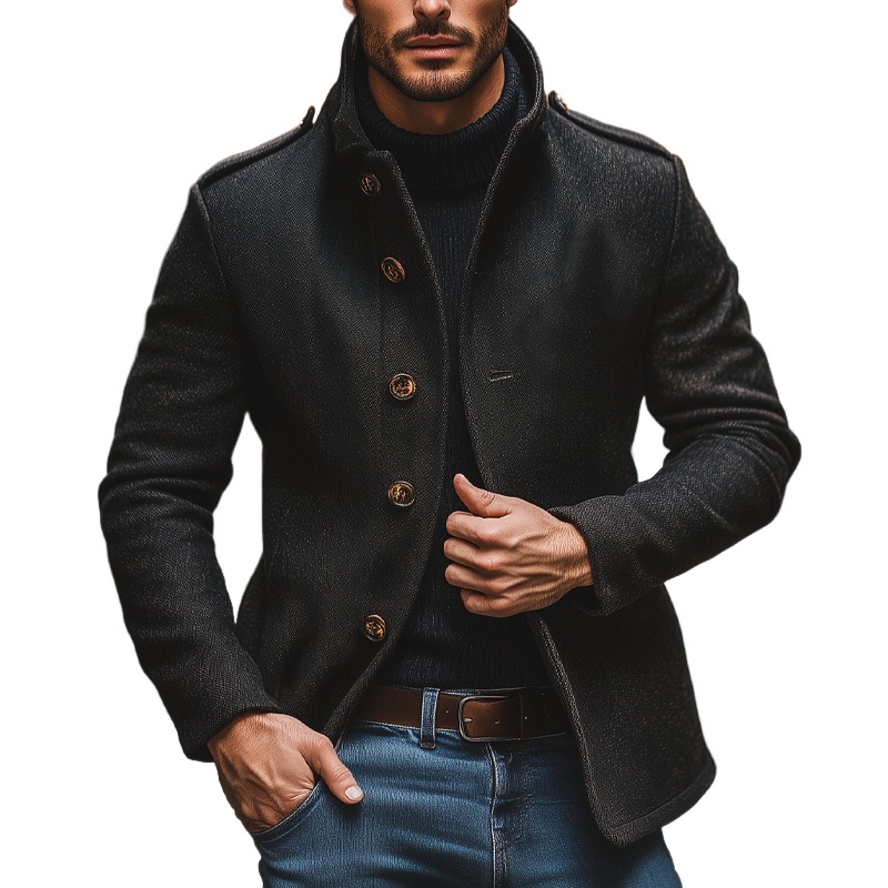 Men’s Blended Stand Collar Single-breasted Slim Fit Solid Color Jacket MTA2839I6X Black