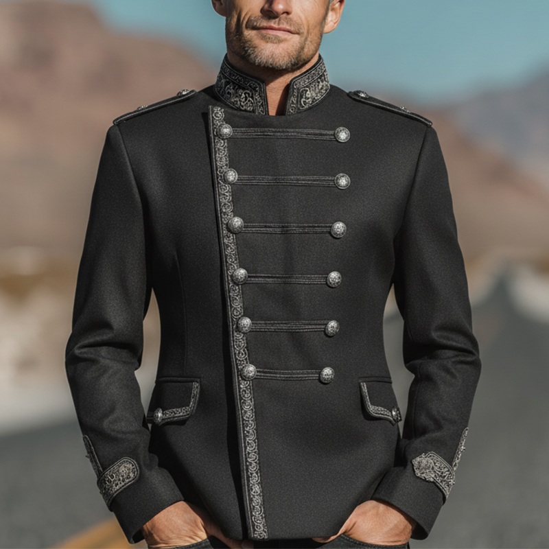 Men’s Fall Fashion Embroidered Trim Cotton Blend Stand Collar Military Jacket MTA2843I1P Black