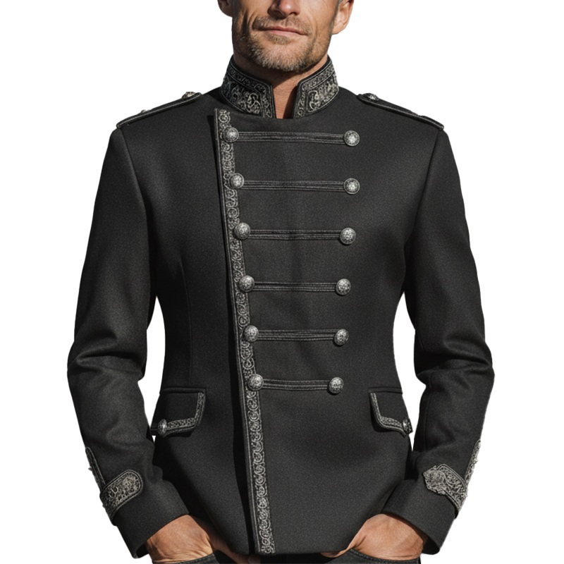 Men’s Fall Fashion Embroidered Trim Cotton Blend Stand Collar Military Jacket MTA2843I1P Black