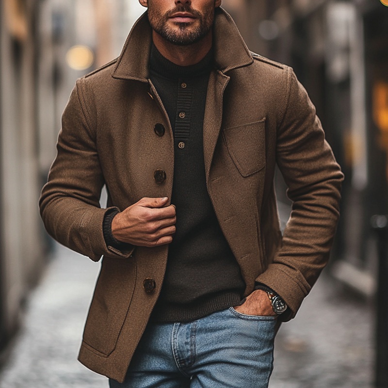 Men’s Solid Color Imitation Wool Blend Lapel Single-breasted Jacket MTA2848I2X Brown