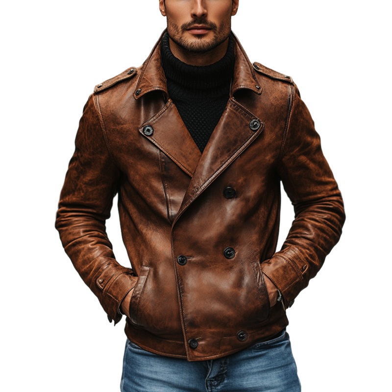 Men’s Vintage Lapel Double Breasted PU Leather Jacket MTA2676I8X Brown