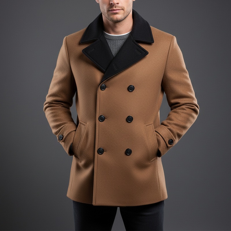 Men’s Winter Fashion Contrast Color Stitching Faux Wool Double-breasted Coat MTA2827I8P Brown