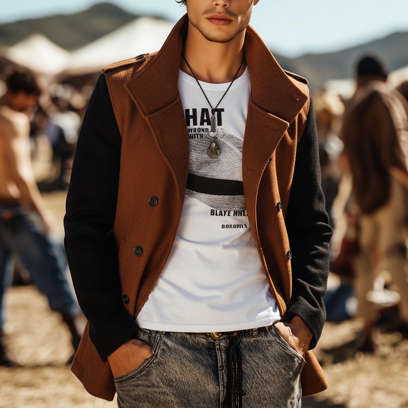 Men’s Winter Fashion Patchwork Sleeves Faux Wool Double-breasted Coat MTA2845I4P Brown