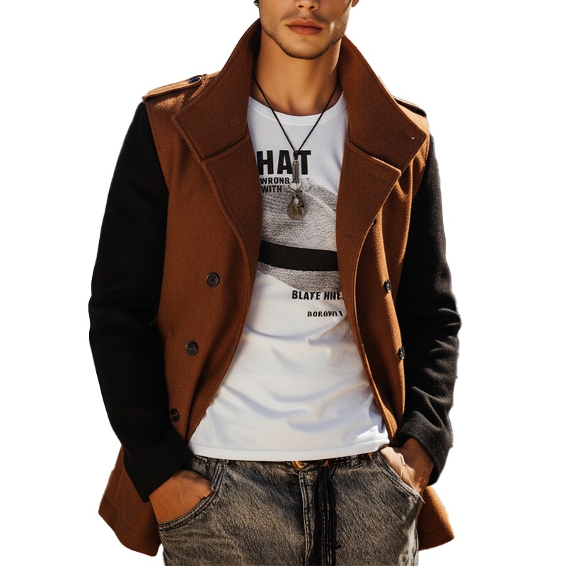 Men’s Winter Fashion Patchwork Sleeves Faux Wool Double-breasted Coat MTA2845I4P Brown