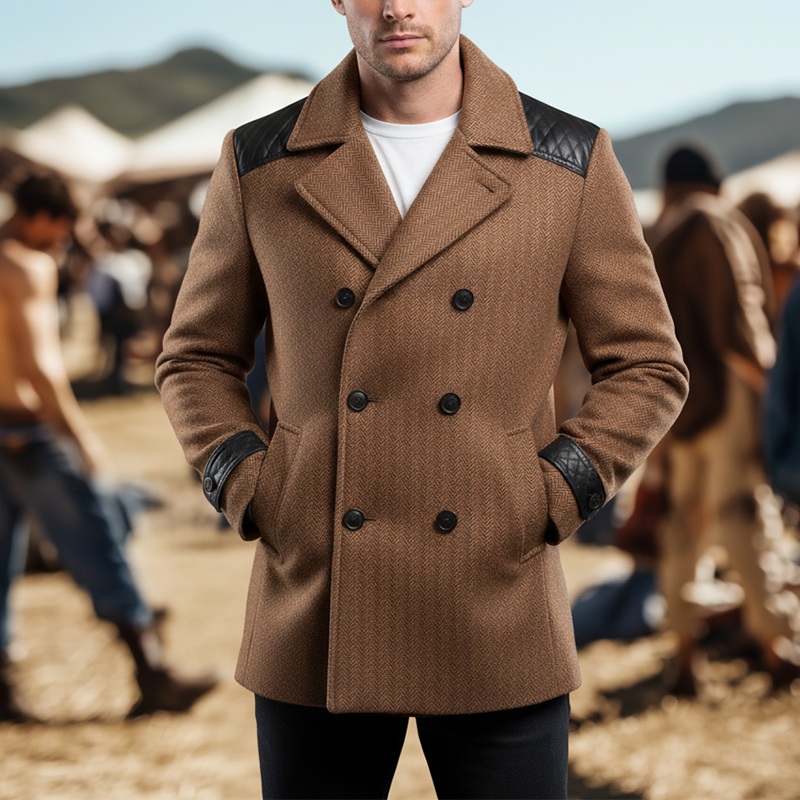 Men’s Winter Fashion PU Patchwork Herringbone Faux Wool Double-breasted Mid-length Coat MTA2875I0P Brown