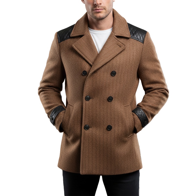 Men’s Winter Fashion PU Patchwork Herringbone Faux Wool Double-breasted Mid-length Coat MTA2875I0P Brown
