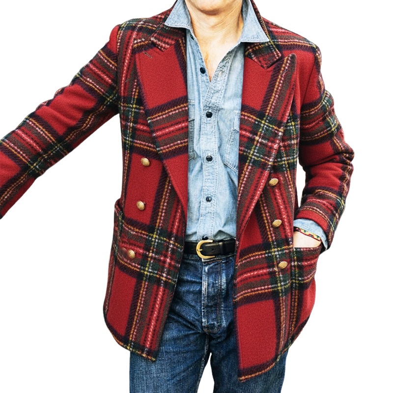 Men’s Autumn And Winter Classic Plaid Double-breasted Short Coat MTA3079I4U Red