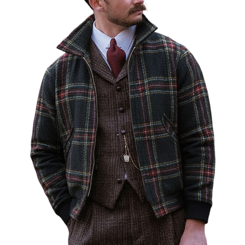 Men’s Autumn And Winter Classic Plaid Zippered Short Jacket MTA3060I0U Dark Gray