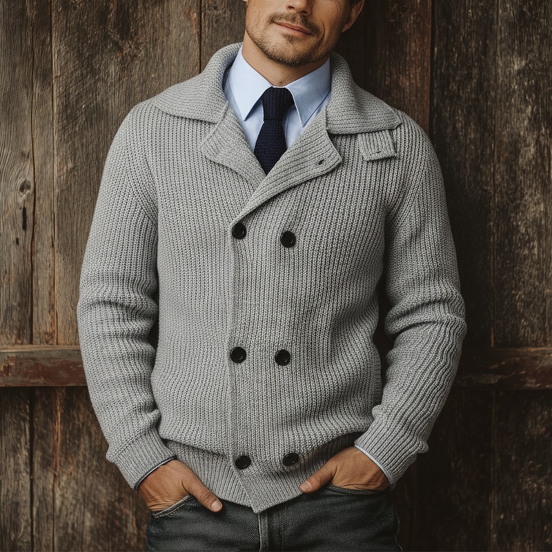 Men’s Autumn And Winter Fashion Double-breasted Lapel Cotton Yarn Knitted Sweater MTA2808I5P Grey