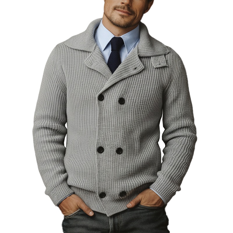 Men’s Autumn And Winter Fashion Double-breasted Lapel Cotton Yarn Knitted Sweater MTA2808I5P Grey
