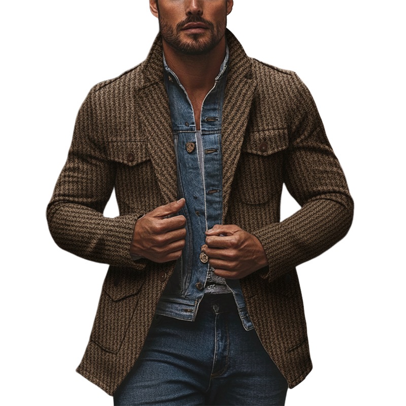 Men’s Blended Striped Lapel Multi-pocket Jacket MTA2963I4X Brown