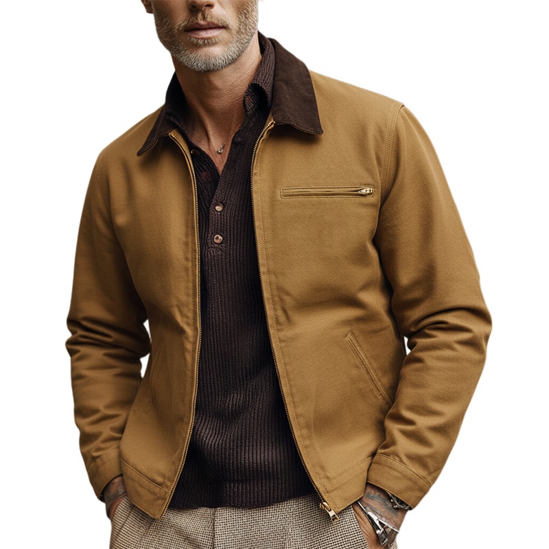 Men’s Canvas Contrast Color Panel Workwear Zipper Multi-pocket Jacket MTA3025I4X Light Brown