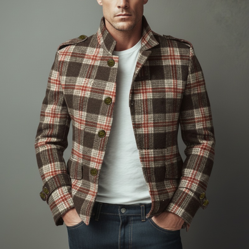 Men’s Classic Retro Stand Collar Plaid Faux Woolen Slim Jacket MTA2982I9K Photo Color