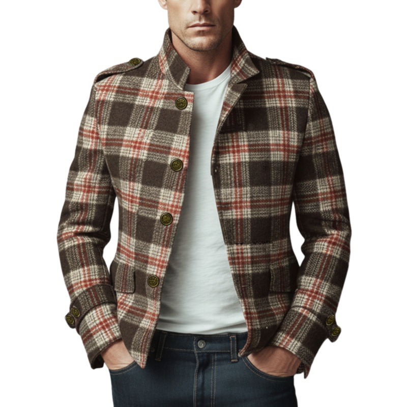 Men’s Classic Retro Stand Collar Plaid Faux Woolen Slim Jacket MTA2982I9K Photo Color