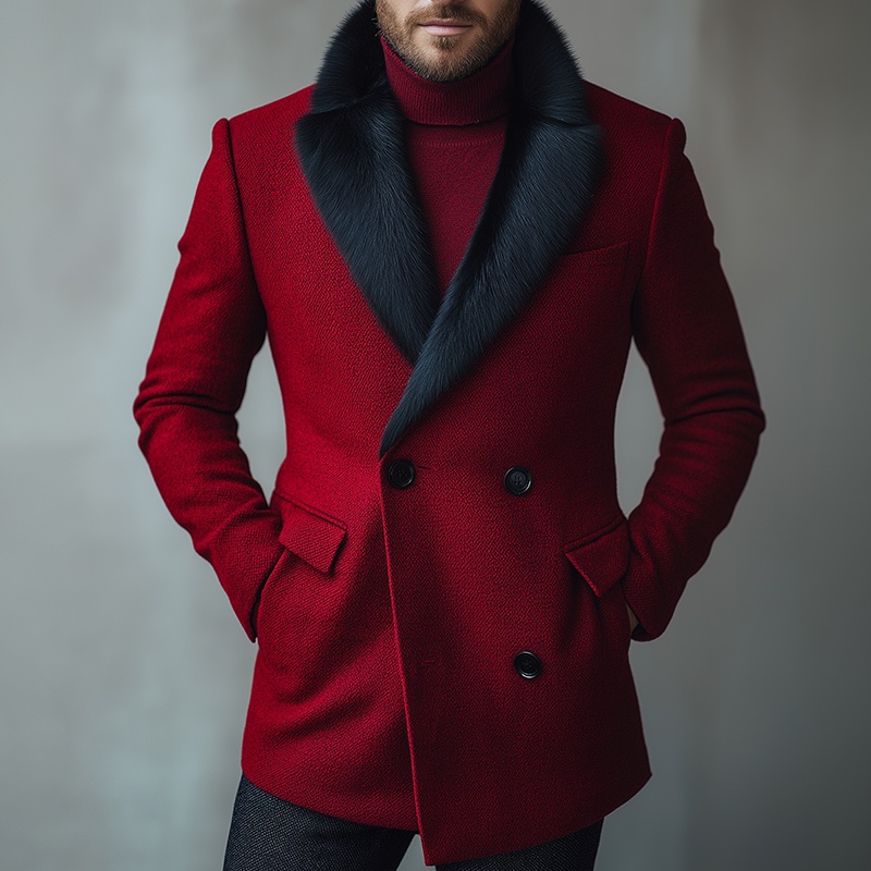 Men’s Retro Casual Warm Fur Collar Double Breasted Blazer MTA2282I6TO Red