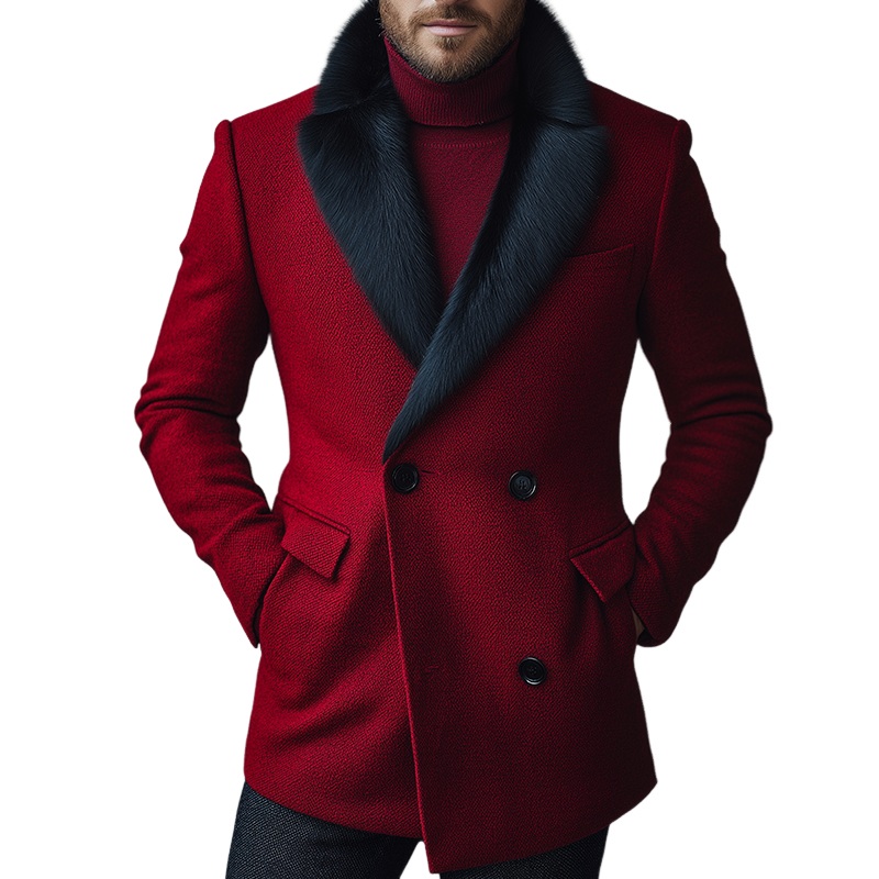 Men’s Retro Casual Warm Fur Collar Double Breasted Blazer MTA2282I6TO Red