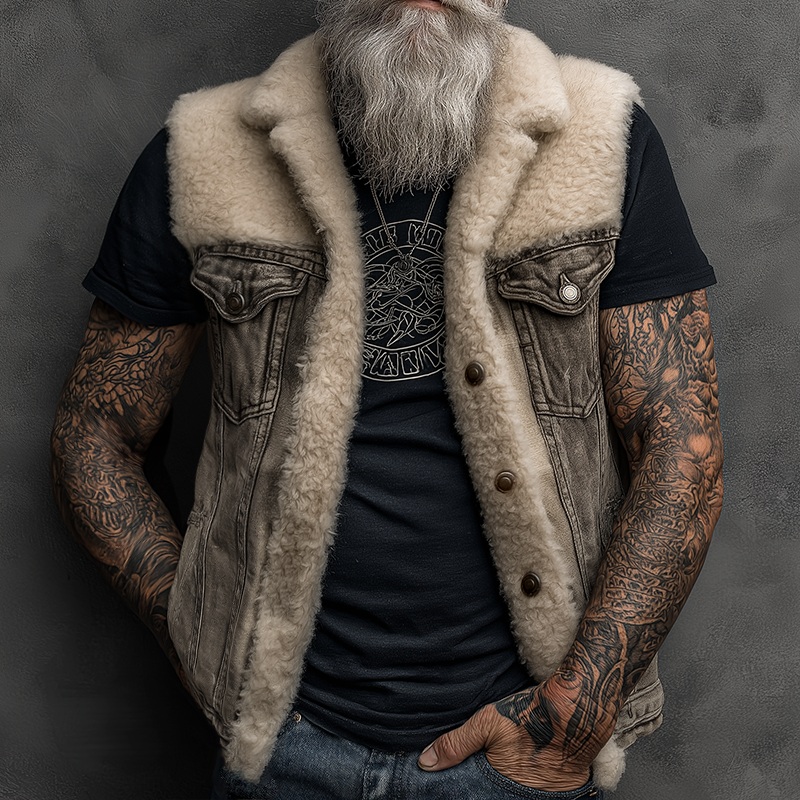 Men’s Retro Casual Washed Denim Plush Splicing Lapel Vest MTA1668I9TO Grey