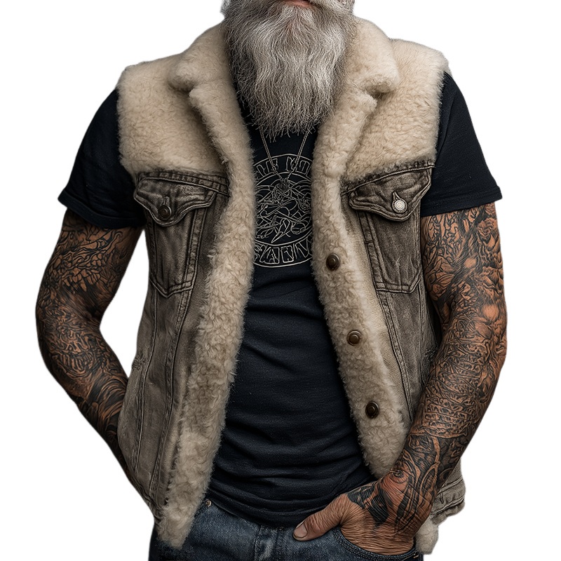 Men’s Retro Casual Washed Denim Plush Splicing Lapel Vest MTA1668I9TO Grey