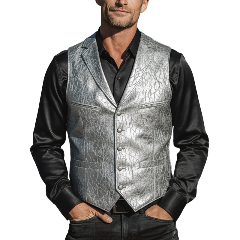 Men’s Retro Textured PU Leather Classic Suit Vest MTA2965I5P Silver