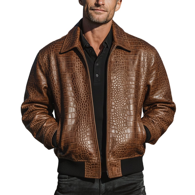 Men’s Winter Fashion Crocodile Pattern PU Leather Jacket MTA2900I4P Brown