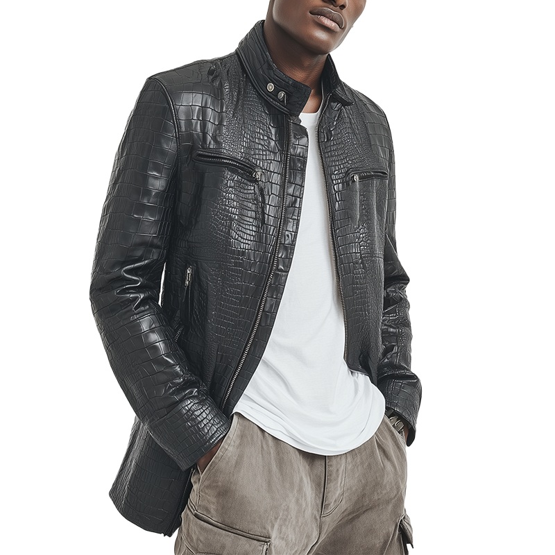 Men’s Winter Fashion Glossy Crocodile-pattern PU Leather Mid-length Jacket MTA3016I1P Black