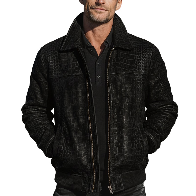 Men’s Winter Fashion Mercerized Crocodile Pattern PU Leather Jacket MTA2934I7P Black